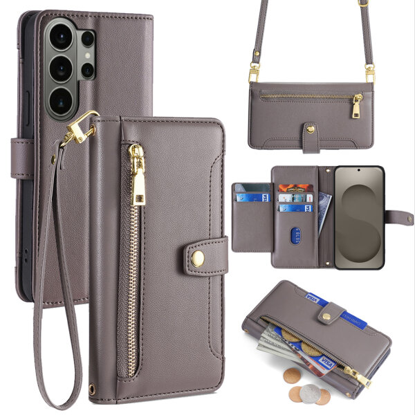 Handykette Samsung Galaxy S26 Ultra Hülle mit Band Handyhülle Kartenfächer PU Leder Umhängetasche in Grau