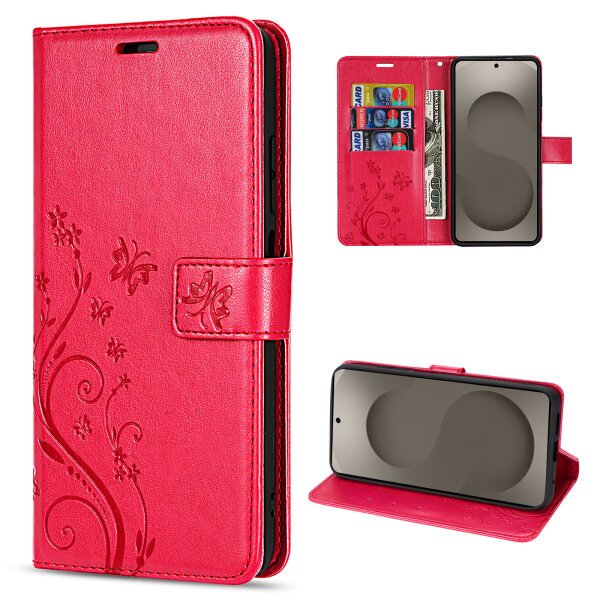 Hülle für Samsung Galaxy S26 5G Wallet Case Kartenfächern & Standfunktion in Blume Rot
