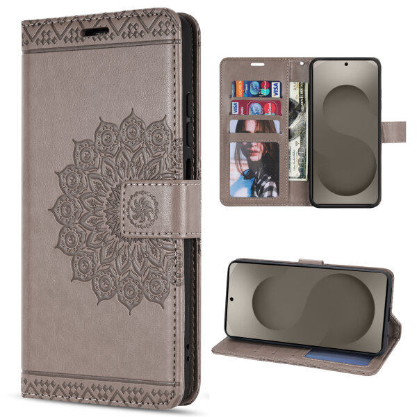 Hülle für Samsung Galaxy S26+ Wallet Case Kartenfächern & Standfunktion in Mandala Grau