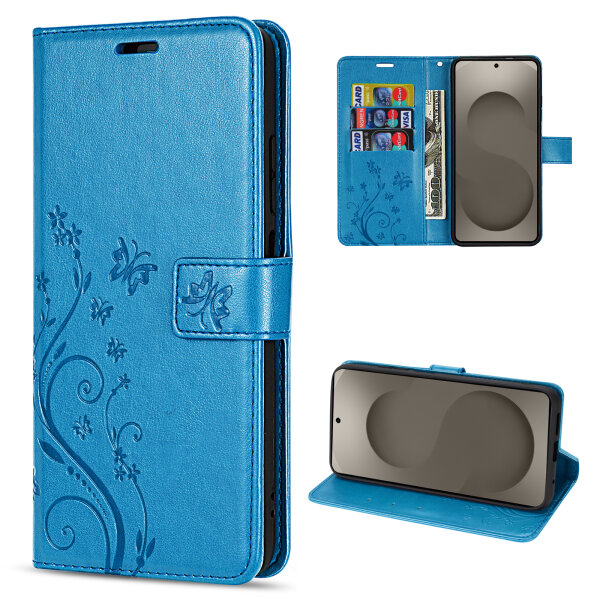 Hülle für Samsung Galaxy S26 Ultra Wallet Case Kartenfächern & Standfunktion in Blume Blau
