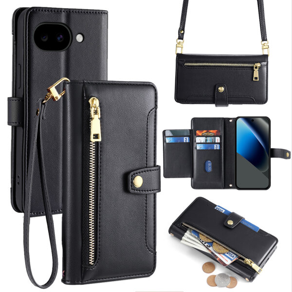 Handykette Google Pixel 10A Hülle mit Band Handyhülle Kartenfächer PU Leder Umhängetasche in Schwarz