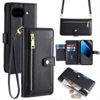 Handykette Google Pixel 10A Hülle mit Band Handyhülle Kartenfächer PU Leder Umhängetasche in Schwarz