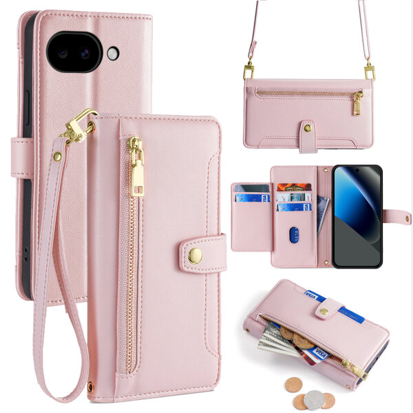 Handykette Google Pixel 10A Hülle mit Band Handyhülle Kartenfächer PU Leder Umhängetasche in Rosa