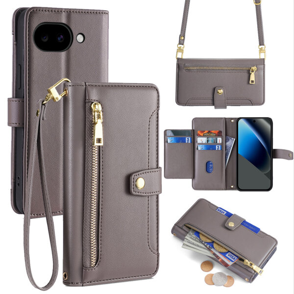Handykette Google Pixel 10A Hülle mit Band Handyhülle Kartenfächer PU Leder Umhängetasche in Grau