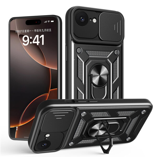 Panzer Hülle für iPhone 17E Handyhülle mit Kameraschutz Ringhalter Schwarz