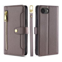 Handykette iPhone 17E Hülle mit Band Handyhülle Kartenfächer PU Leder Umhängetasche Grau