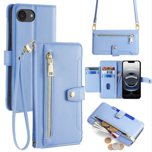 Handykette iPhone 17E Hülle mit Band Handyhülle Kartenfächer PU Leder Umhängetasche Hellblau