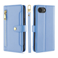 Handykette iPhone 17E Hülle mit Band Handyhülle Kartenfächer PU Leder Umhängetasche Hellblau