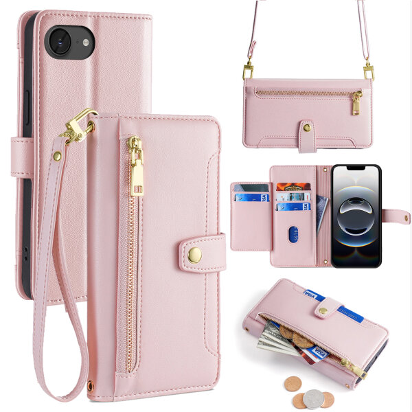 Handykette iPhone 17E Hülle mit Band Handyhülle Kartenfächer PU Leder Umhängetasche Rosa