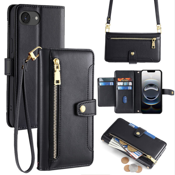 Handykette iPhone 17E Hülle mit Band Handyhülle Kartenfächer PU Leder Umhängetasche Schwarz