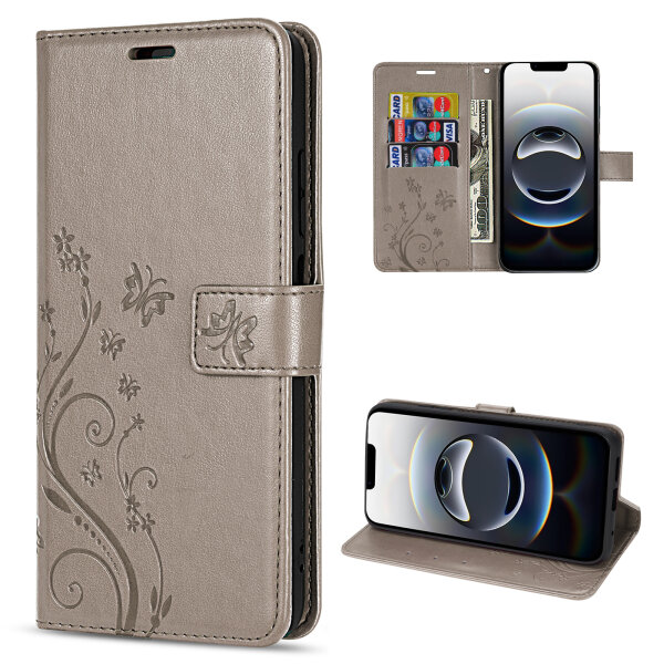 Hülle für iPhone 17E Handy Tasche Handyhülle Schutzhülle Klapphülle Blume Grau