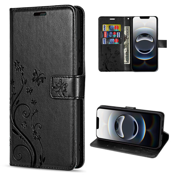 Hülle für iPhone 17E Handy Tasche Handyhülle Schutzhülle Klapphülle Blume Schwarz