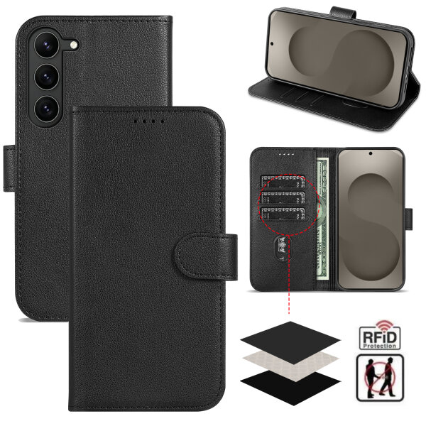 Hülle für Samsung Galaxy S26 5G  RFID Wallet Case Kartenfächern & Standfunktion in PU Leder Schwarz