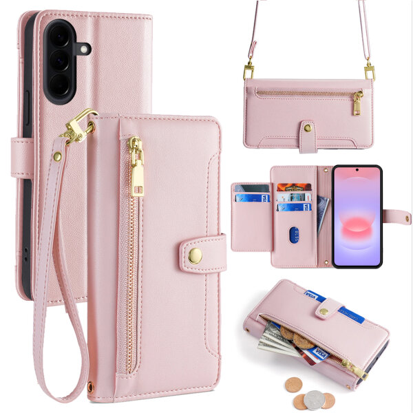 Handykette Samsung Galaxy A37 Hülle mit Band Handyhülle Kartenfächer PU Leder Umhängetasche Rosa