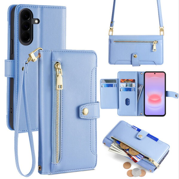 Handykette Samsung Galaxy A37 Hülle mit Band Handyhülle Kartenfächer PU Leder Umhängetasche Hellblau