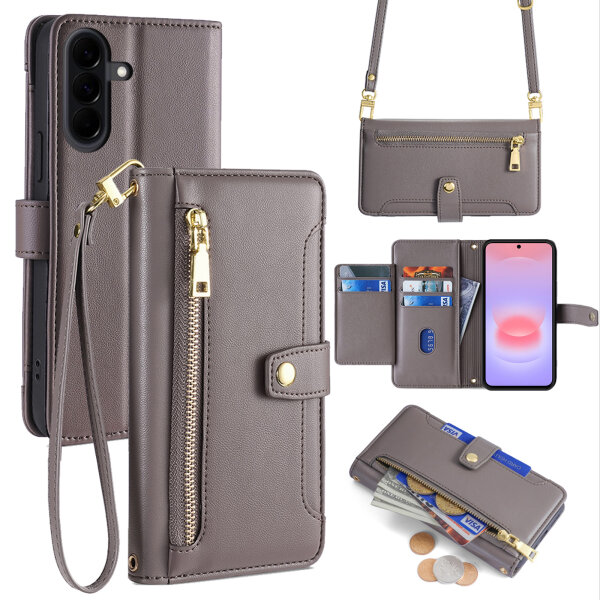 Handykette Samsung Galaxy A37 Hülle mit Band Handyhülle Kartenfächer PU Leder Umhängetasche Grau
