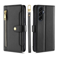Handykette Samsung Galaxy A57 Hülle mit Band Handyhülle Kartenfächer PU Leder Umhängetasche Schwarz
