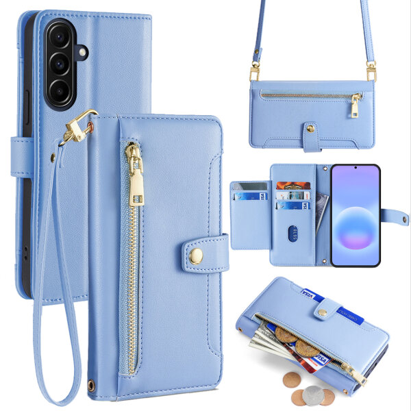 Handykette Samsung Galaxy A57 Hülle mit Band Handyhülle Kartenfächer PU Leder Umhängetasche Hellblau