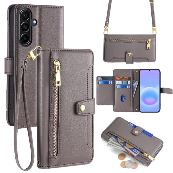 Handykette Samsung Galaxy A57 Hülle mit Band Handyhülle Kartenfächer PU Leder Umhängetasche Grau