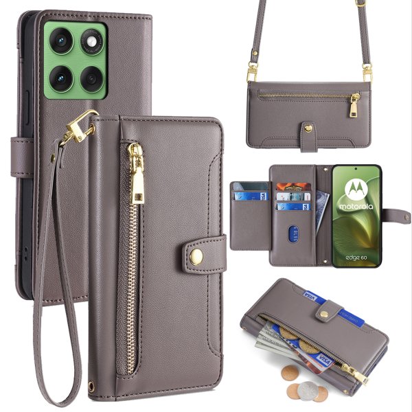 Handykette für Motorola Edge 60 / Edge 60 Fusion Hülle mit Band Handyhülle Kartenfächer Leder Umhängetasche Grau