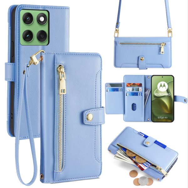 Handykette für Motorola Edge 60 / Edge 60 Fusion Hülle mit Band Handyhülle Kartenfächer Leder Umhängetasche Hellblau