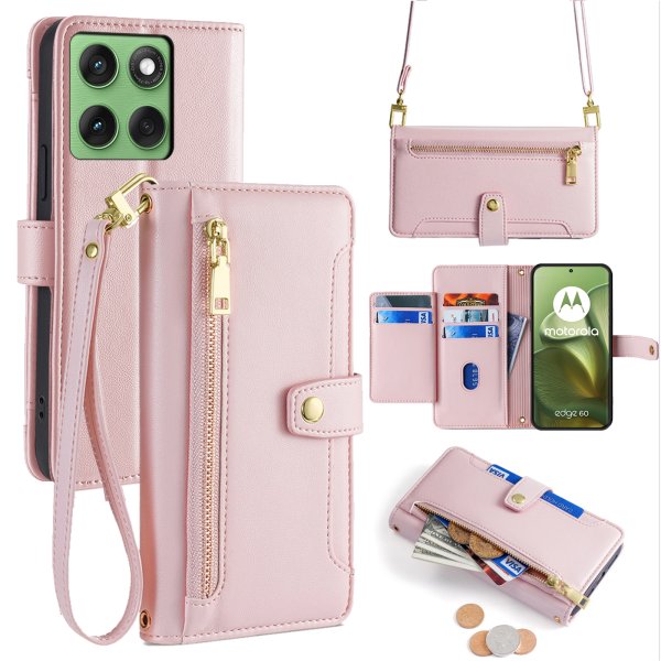 Handykette für Motorola Edge 60 / Edge 60 Fusion Hülle mit Band Handyhülle Kartenfächer Leder Umhängetasche Rosa