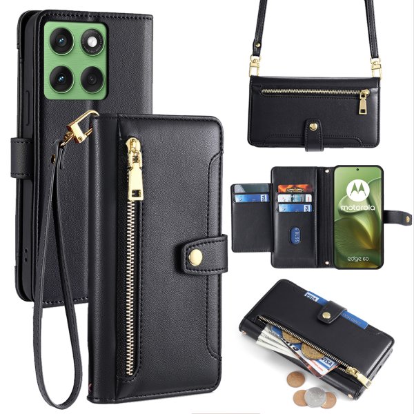 Handykette für Motorola Edge 60 / Edge 60 Fusion Hülle mit Band Handyhülle Kartenfächer Leder Umhängetasche Schwarz