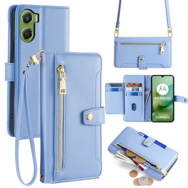 Handykette für Motorola Moto G06 / G06 Power Hülle mit Band Handyhülle Kartenfächer Leder Umhängetasche Hellblau