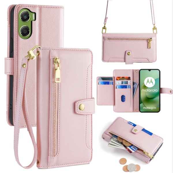Handykette für Motorola Moto G06 / G06 Power Hülle mit Band Handyhülle Kartenfächer Leder Umhängetasche Rosa