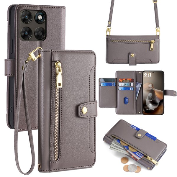 Handykette für Motorola Moto G67 / G77 Hülle mit Band Handyhülle Kartenfächer Leder Umhängetasche Grau