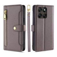 Handykette für Motorola Moto G67 / G77 Hülle mit Band Handyhülle Kartenfächer Leder Umhängetasche Grau
