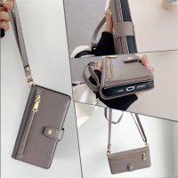 Handykette für Motorola Moto G67 / G77 Hülle mit Band Handyhülle Kartenfächer Leder Umhängetasche Grau