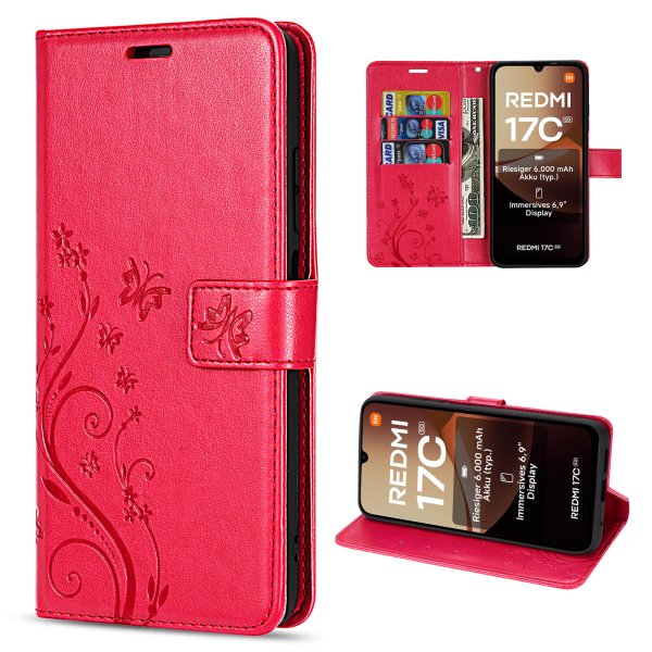 Hülle für Xiaomi Redmi 17C Handyhülle mit [Standfunktion][Kartenfächern] Rot