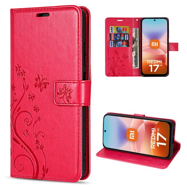 Hülle für Xiaomi Redmi 17 4G / 5G Handyhülle mit [Standfunktion][Kartenfächern] Rot