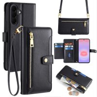 Handykette Samsung Galaxy A27 Hülle mit Band Handyhülle Kartenfächer PU Leder Umhängetasche Schwarz