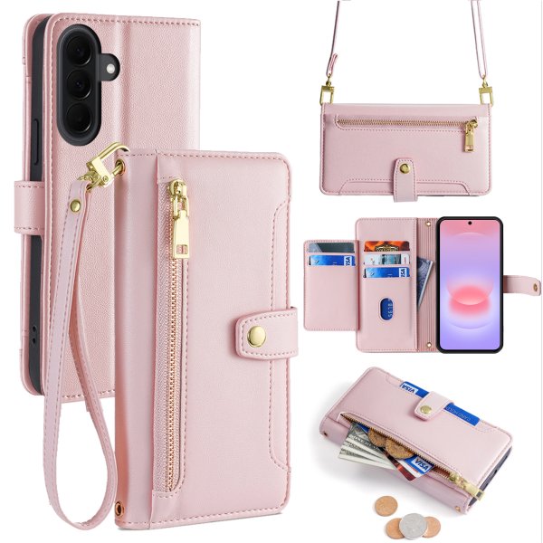 Handykette Samsung Galaxy A27 Hülle mit Band Handyhülle Kartenfächer PU Leder Umhängetasche Rosa