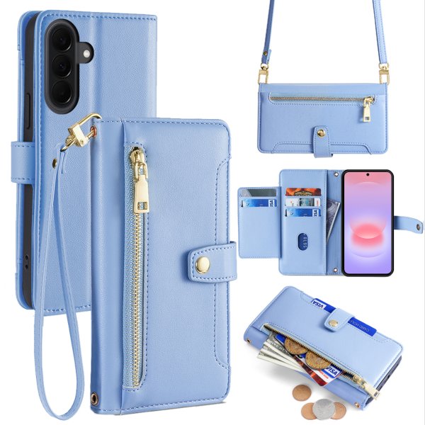 Handykette Samsung Galaxy A27 Hülle mit Band Handyhülle Kartenfächer PU Leder Umhängetasche Hellblau