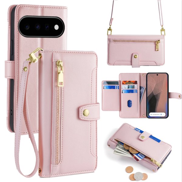 Handykette Google Pixel 11 Pro XL Hülle mit Band Handyhülle Kartenfächer PU Leder Umhängetasche Rosa