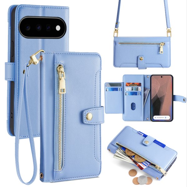 Handykette Google Pixel 11 Pro XL Hülle mit Band Handyhülle Kartenfächer PU Leder Umhängetasche Hellblau