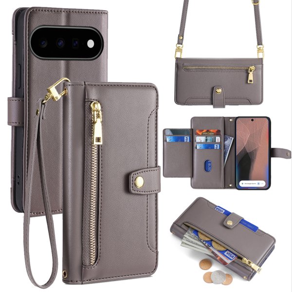 Handykette Google Pixel 11 Pro XL Hülle mit Band Handyhülle Kartenfächer PU Leder Umhängetasche Grau